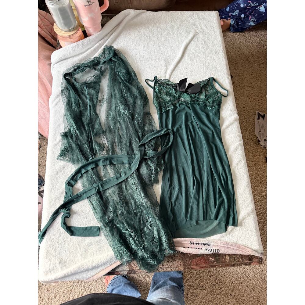 Emerald Green Lace Lingerie Set - Sheer Robe & Matching Slip Dress - Size Small